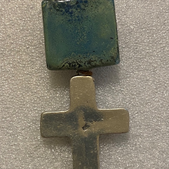 Bayong Wood Bead Necklace - Pewter Cross, Glass Bead, Carved Bone Bead - Picture 7 of 13